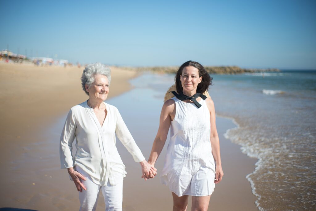 women walking along the beach