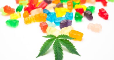 cannabis leaf and rainbow gummies