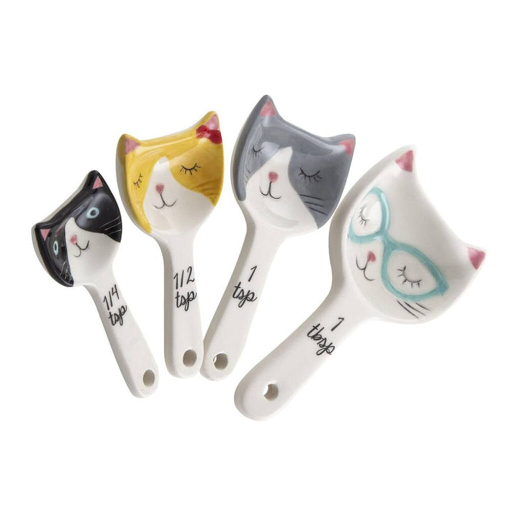 White and Gray Set of 4 Cat Shaped Ceramic Measuring Spoons Baking